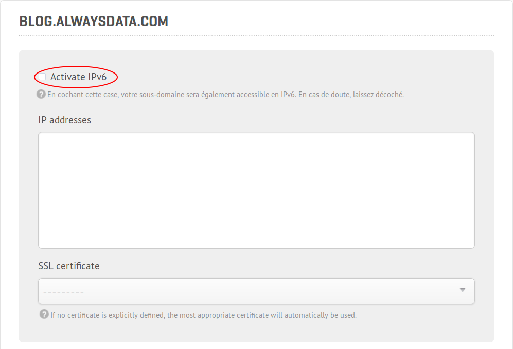 Activate IPv6 on a subdomain, screenshot