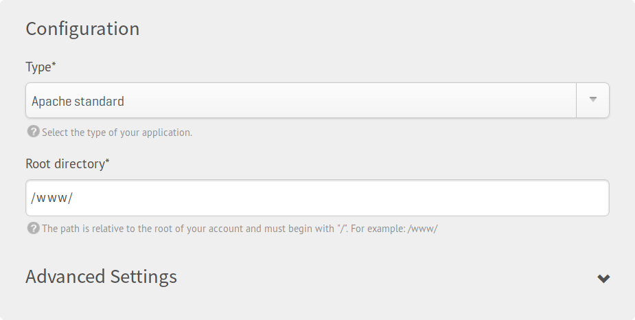 Type Apache standard - Settings form screenshot