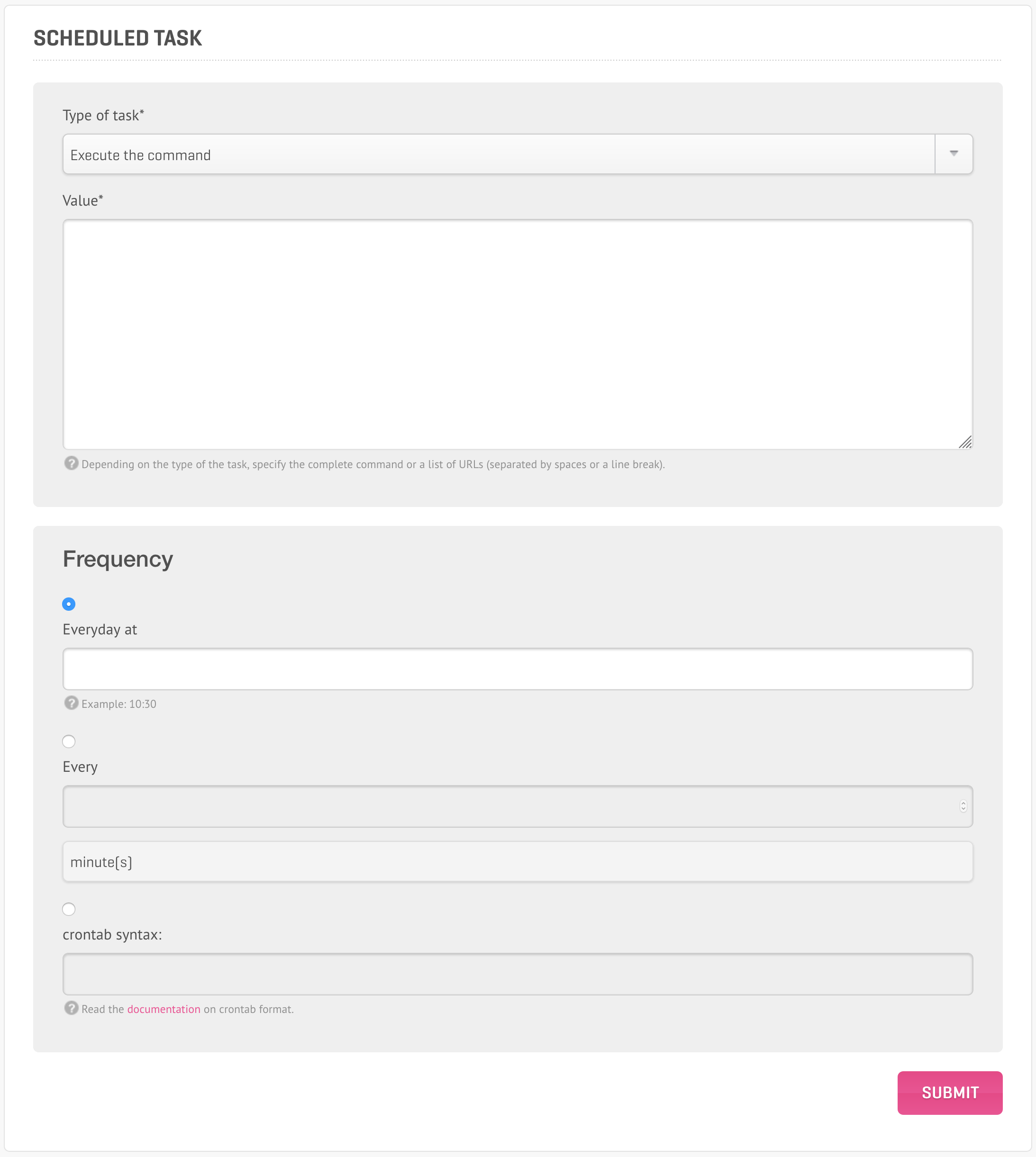 Administration Panel: Create A New Task Interface