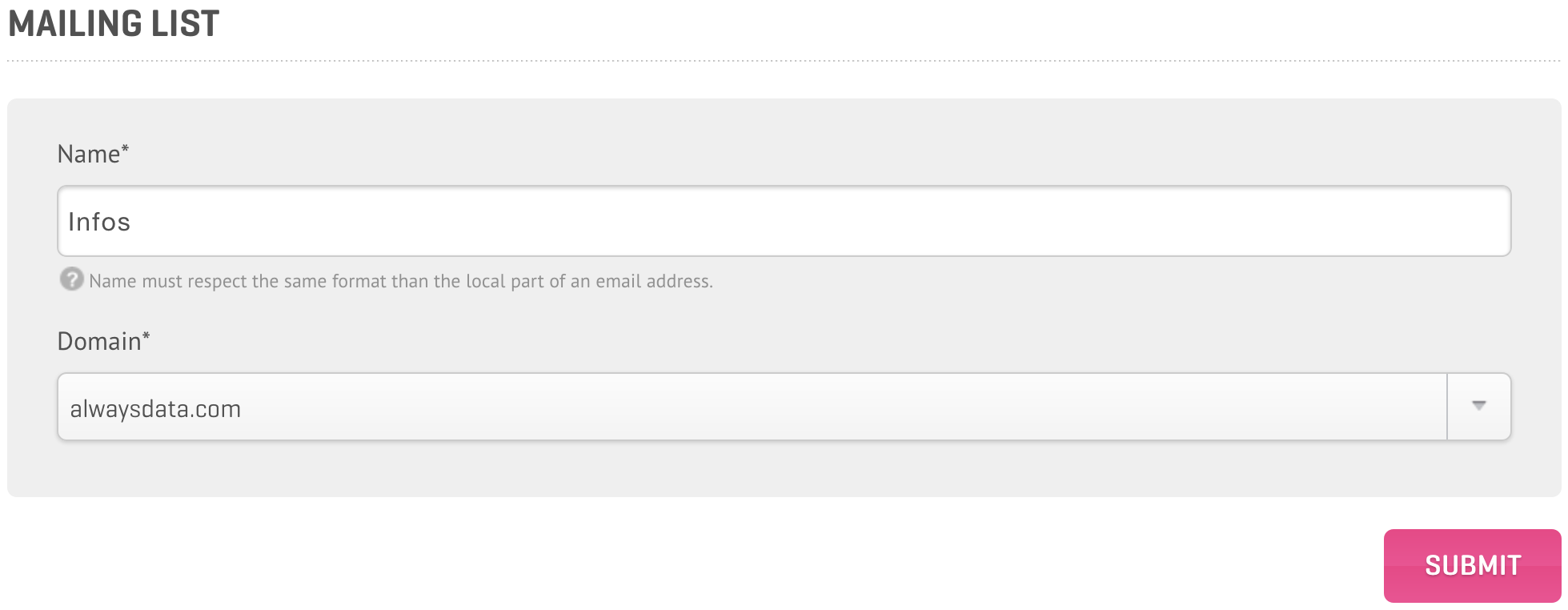 Administration Panel: Create a new Mailing List