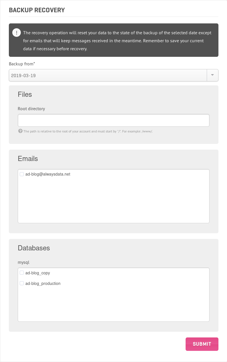 Administration Panel: Backup restoration tool view