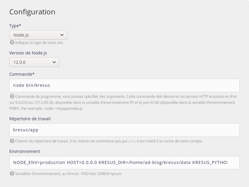 Interface d'administration : site Node.js